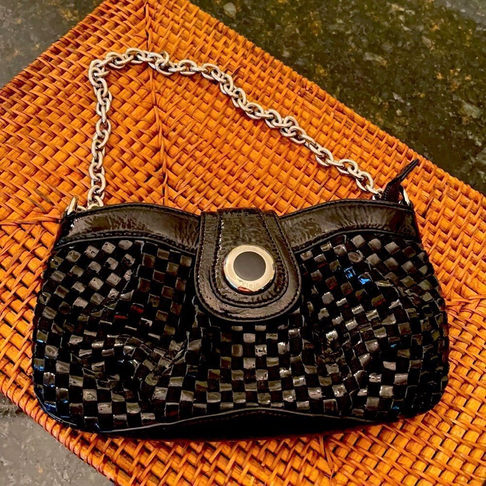 Calvin Klein Black Woven Patent Purse Silver Chain